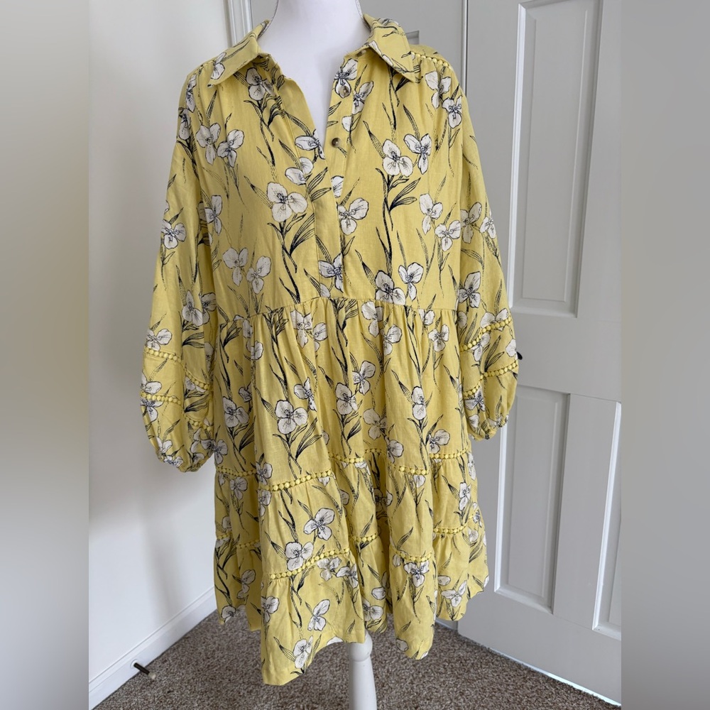 The Bettina Linen Blend Tiered Mini Shirt Dress by Maeve - Color Light Yellow - Picture 2 of 4